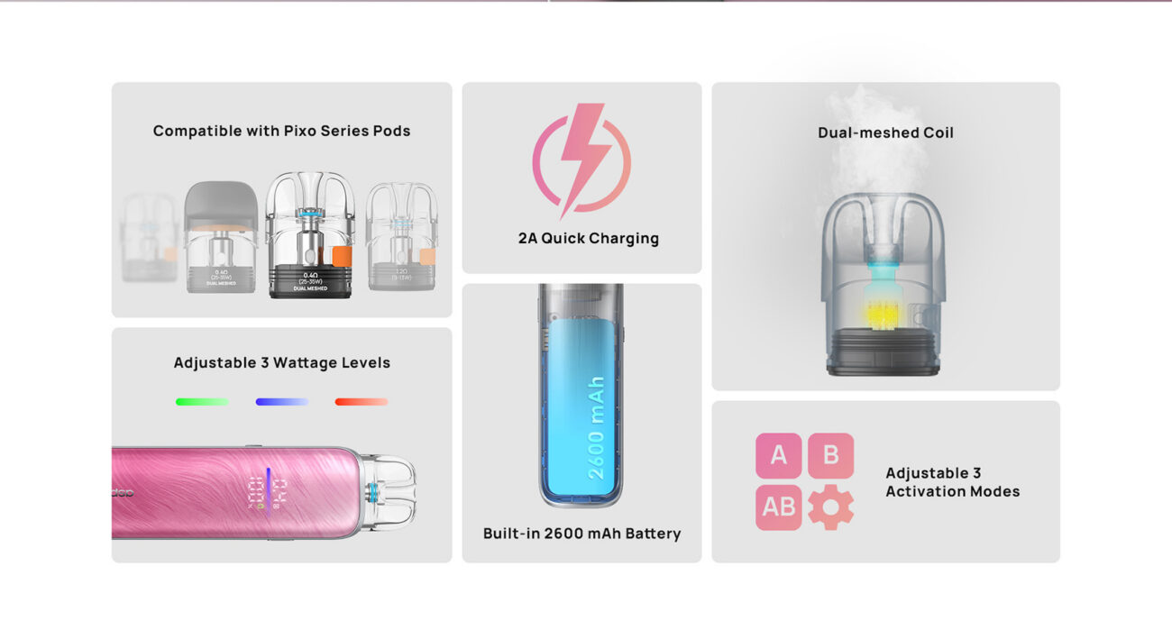 Présentation du Kit Pod Pixo Max 2600mAh par Aspire décliné en plusieurs coloris élégants