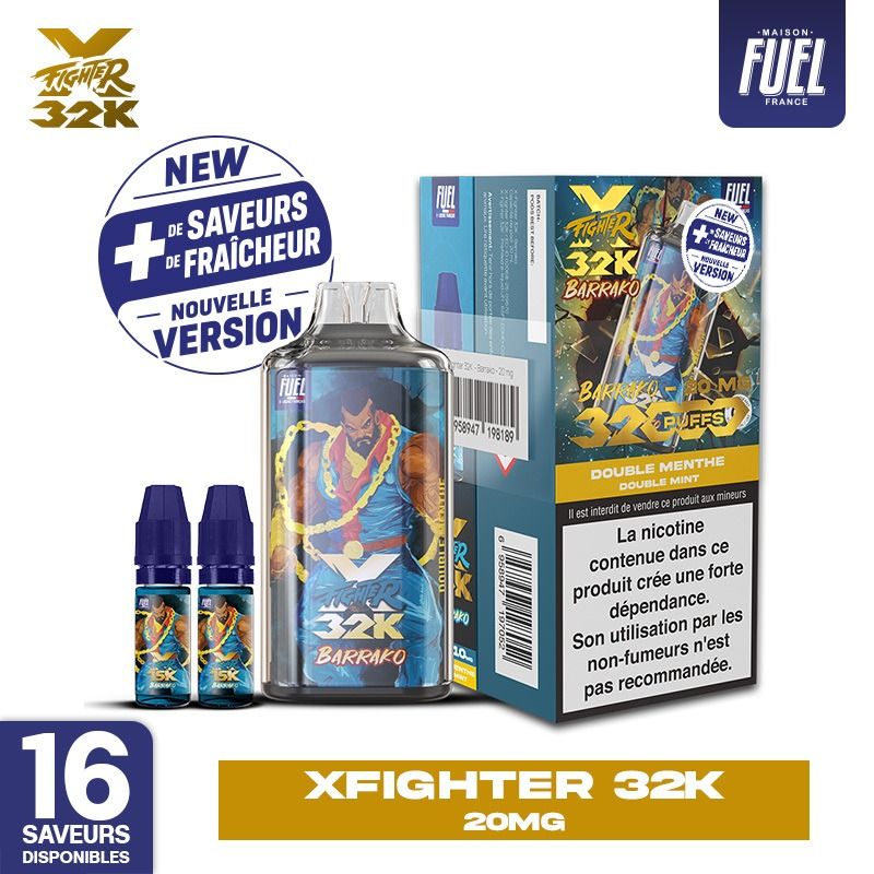 Fighter X 32K 20mg avec batterie 1000 mAh et 2 fioles de 10 ml incluses.