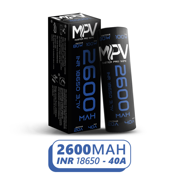 Puissance MAX 18650 INR 40A pulse 20A continu 70W mono 150W double 2600mAh 300 cycles pôle plat