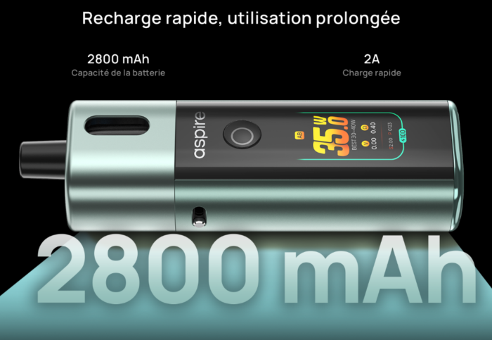 Pod Fluffi Pro Aspire avec batterie 2800 mAh et puissance réglable.