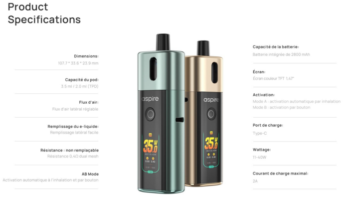 Pod Fluffi Pro Aspire avec batterie 2800 mAh et puissance réglable.