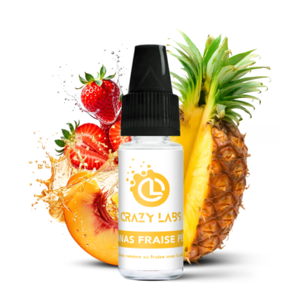 - Alt : Flacon de e-liquide Ananas Fraise Pêche 10ml de la marque Crazy Labs