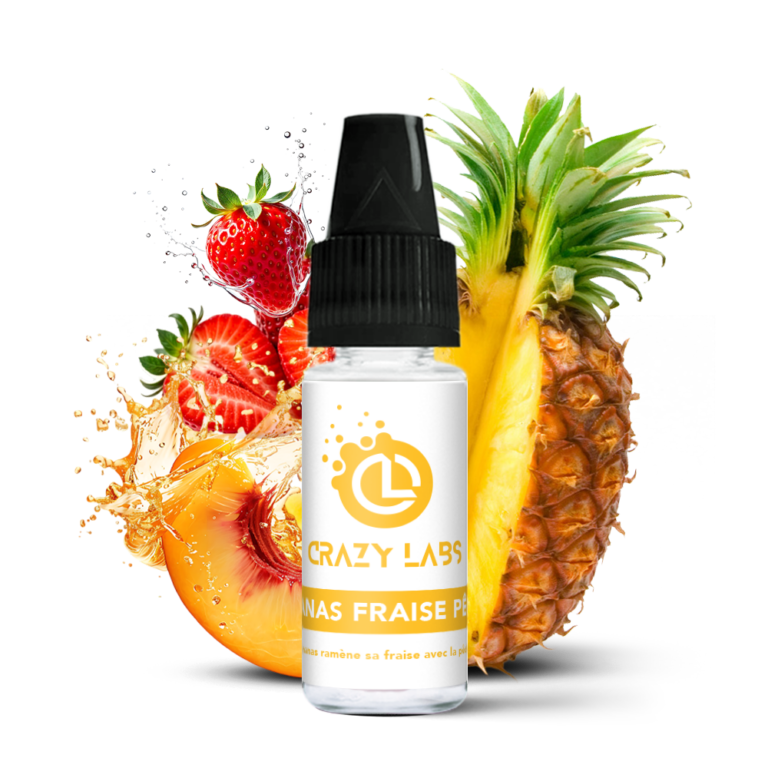 - Alt : Flacon de e-liquide Ananas Fraise Pêche 10ml de la marque Crazy Labs