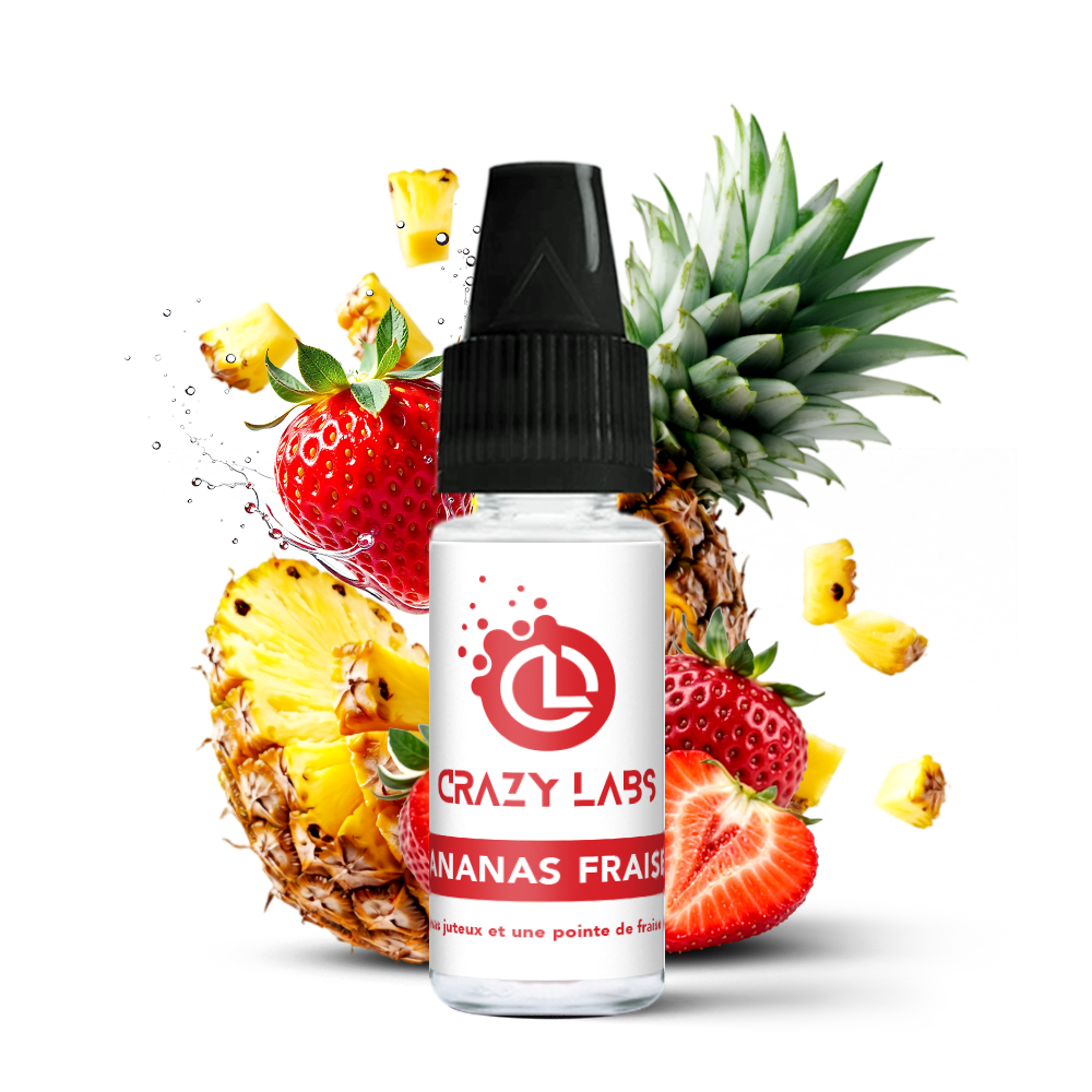 AnanasFraise_10ml_crazylabs_mockup_saveurs Flacon de e-liquide Ananas Fraise 10ml de la marque Crazy Labs