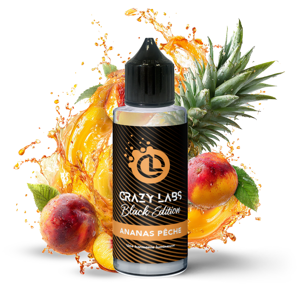 AnanasPeche_140ml E-liquide Ananas Pêche 100ml (Flacon 140ml) - Crazy Labs Black Edition