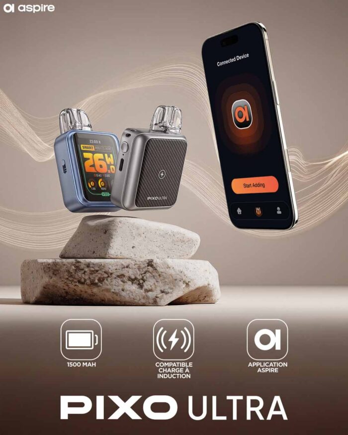 - Alt : Cartouche de la gamme Pixo installée sur le pod Pixo Ultra Aspire pour vape MTL et DL
