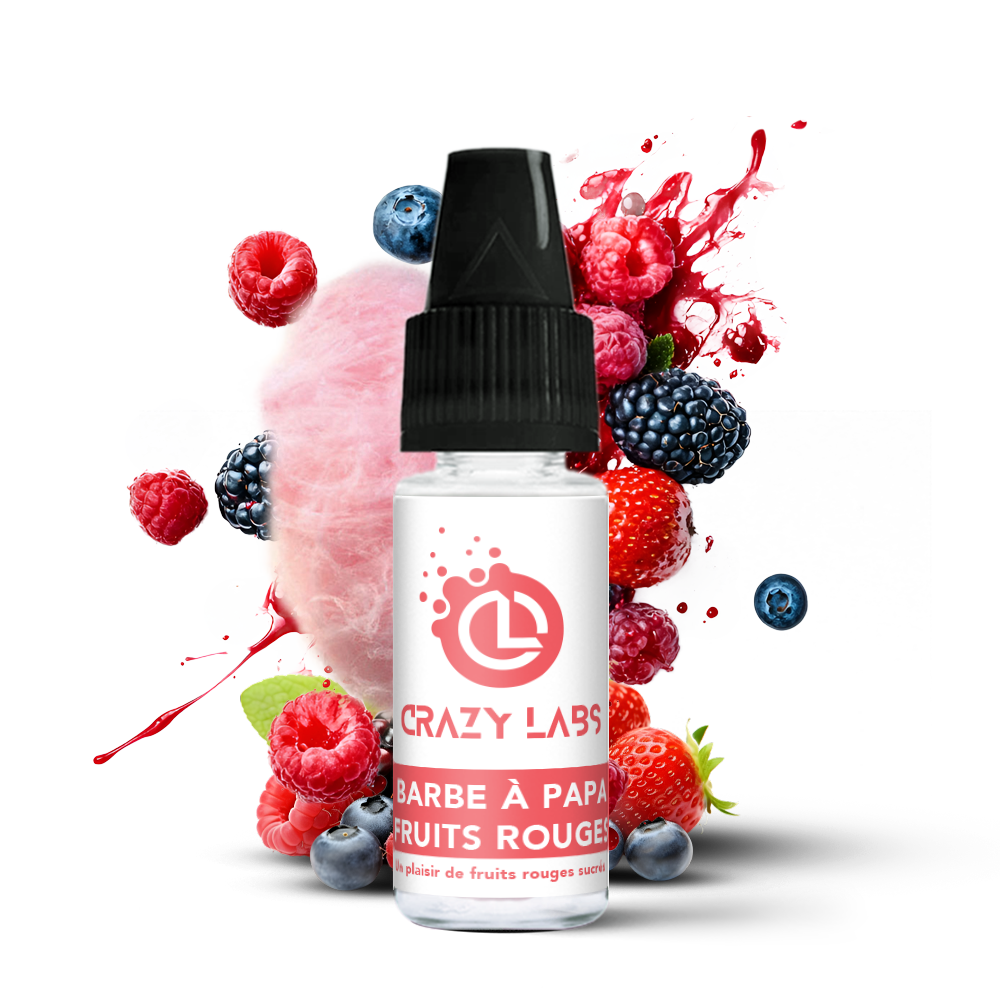 BarbePapa-FruitsRouges_10ml_crazylabs_mockup_saveurs - Alt : Flacon de e-liquide Barbe à Papa Fruits Rouges 10ml de la marque Crazy Labs