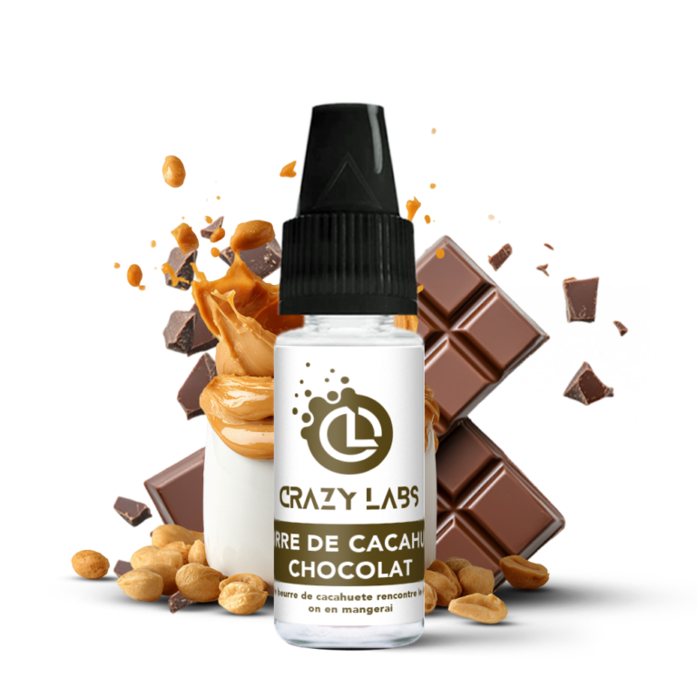 - Alt : Flacon de e-liquide Beurre de Cacahuète Chocolat 10ml de la marque Crazy Labs