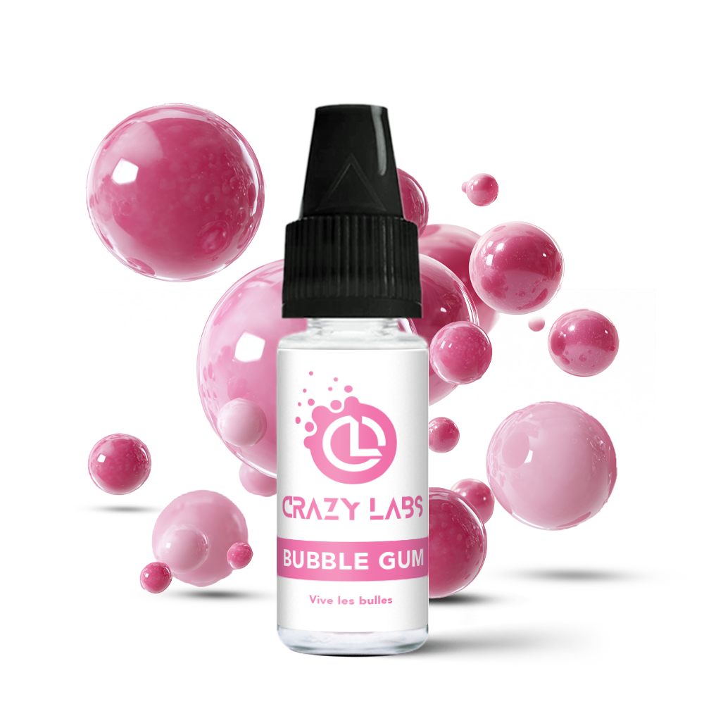 BubbleGum_10ml_crazylabs_mockup_saveurs Flacon de e-liquide Bubble Gum 10ml de la marque Crazy Labs