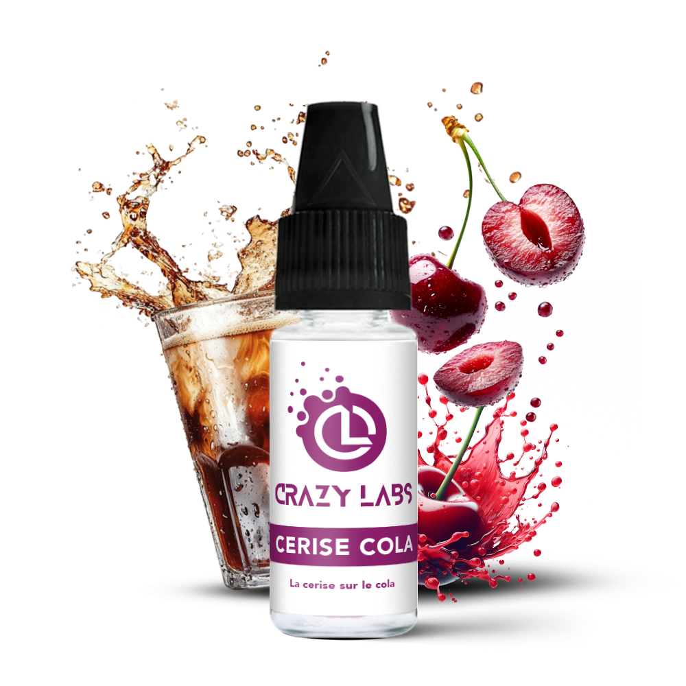 CeriseCola_10ml_crazylabs_mockup_saveurs Flacon de e-liquide Cerise Cola 10ml de la marque Crazy Labs
