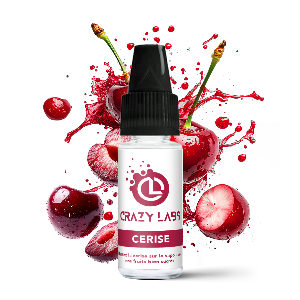 Cerise_10ml_crazylabs_mockup_saveurs lacon de e-liquide Cerise 10ml de la marque Crazy Labs