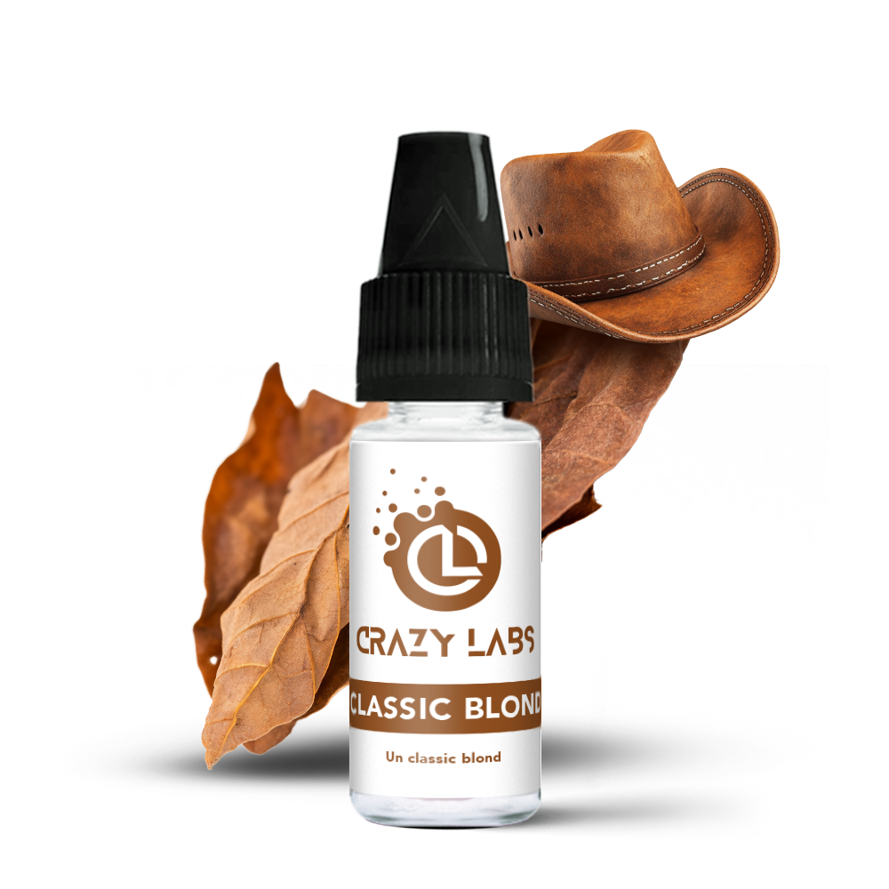 ClassicBlond_10ml_crazylabs_mockup_saveurs Flacon de e-liquide Classic Blond 10ml de la marque Crazy Labs