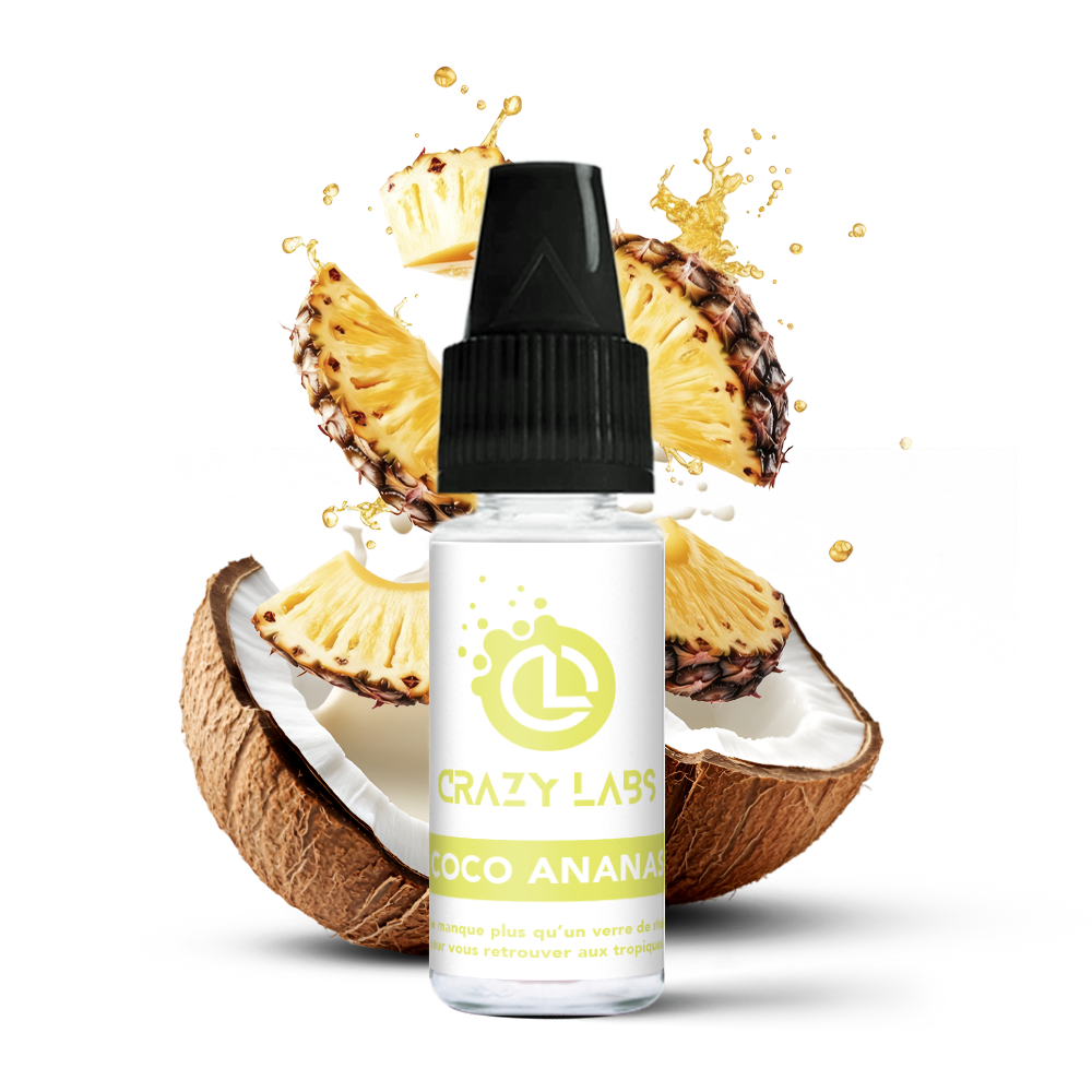 CocoAnanas_10ml_crazylabs_mockup_saveurs Flacon de e-liquide Coco Ananas 10ml de la marque Crazy Labs