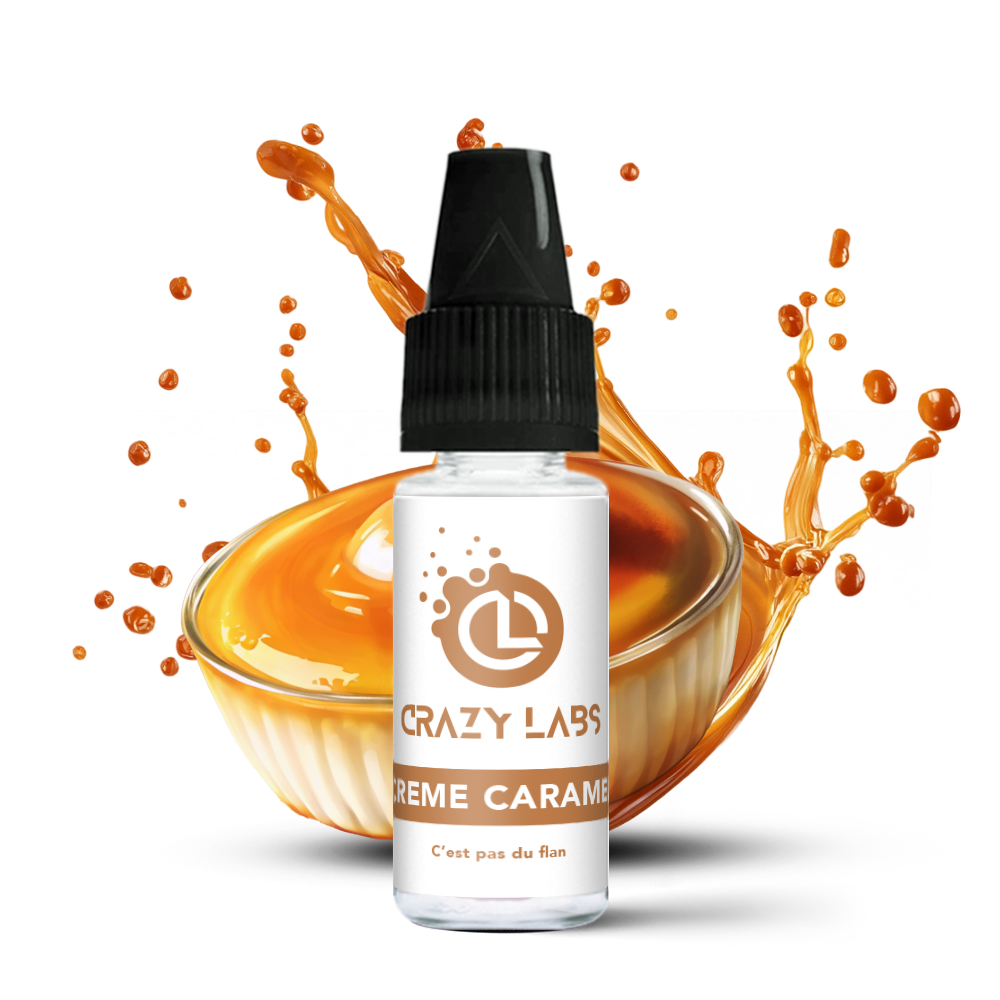 CremeCaramel_10ml_crazylabs_mockup_saveurs Flacon de e-liquide Crème Caramel 10ml de la marque Crazy Labs