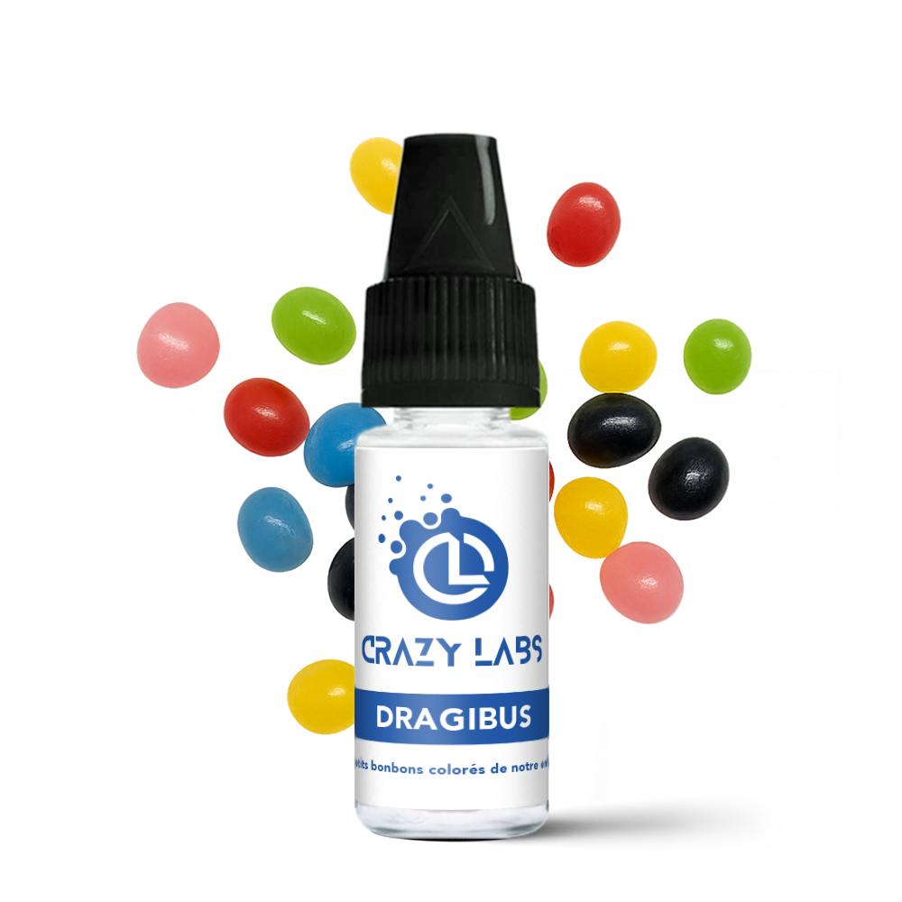 Dragibus_10ml_crazylabs_mockup_saveurs Flacon de e-liquide Dragibus 10ml de la marque Crazy Labs