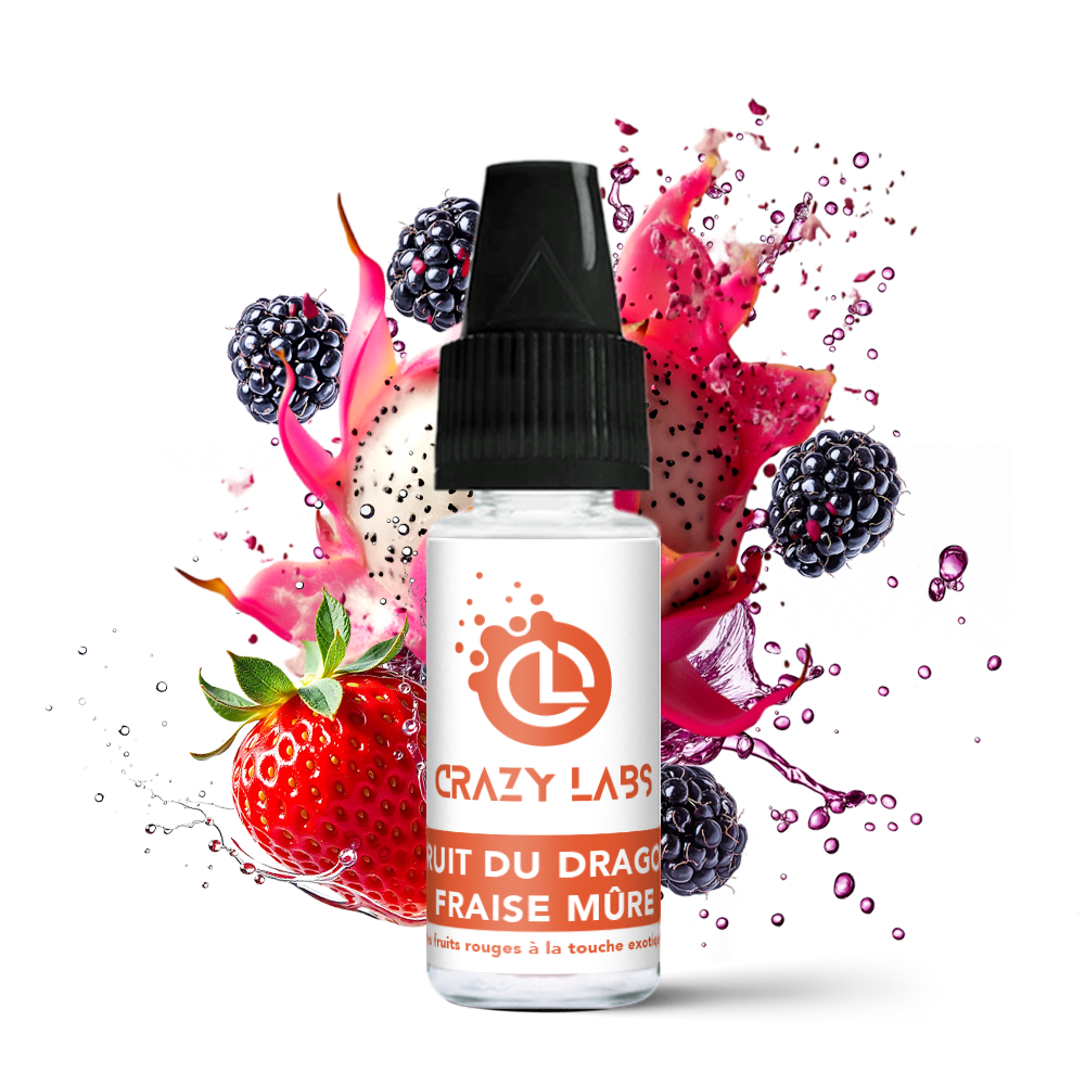 FruitDuDragon-FraiseMure_10ml_crazylabs_mockup_saveurs - Alt : Flacon de e-liquide Fruit du Dragon Fraise Mûre 10ml de la marque Crazy Labs