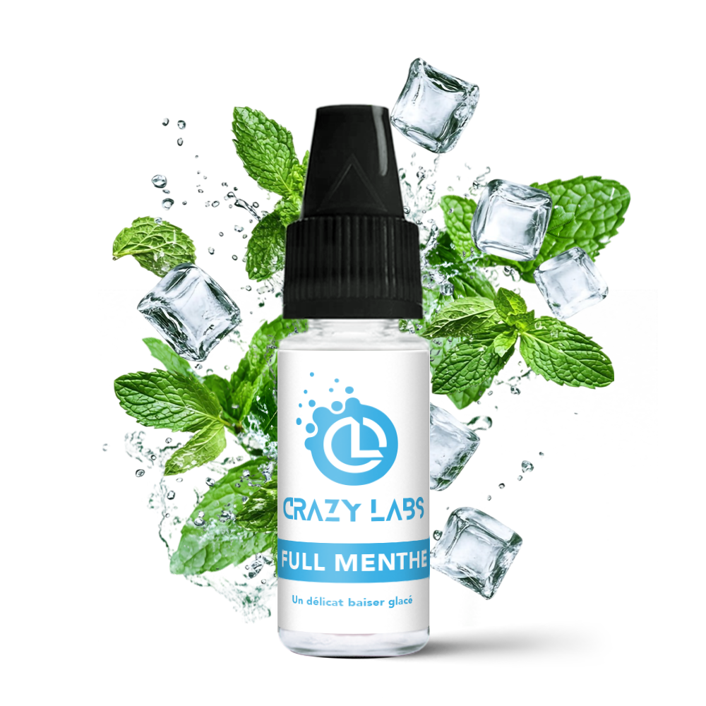 FullMenthe_10ml_crazylabs_mockup_saveurs Flacon de e-liquide Full Menthe 10ml de la marque Crazy Labs