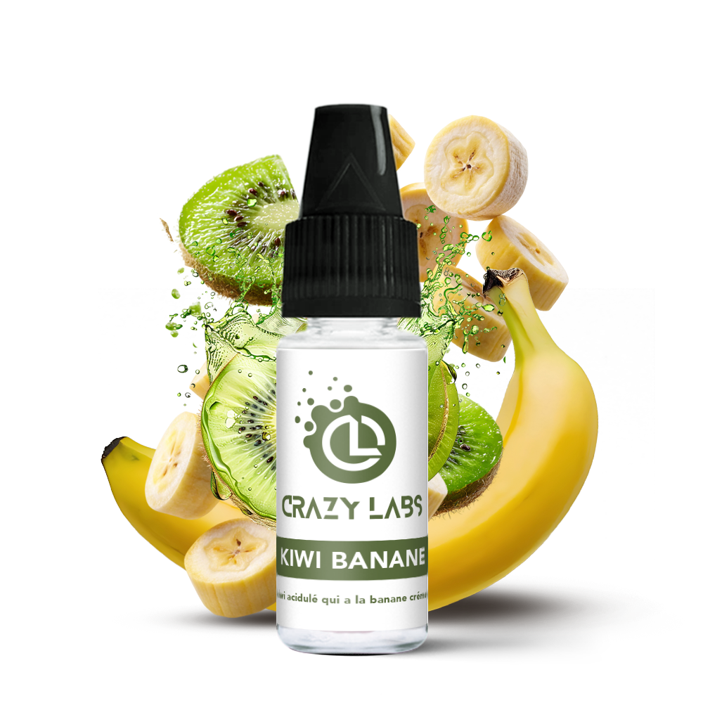 KiwiBanane_10ml_crazylabs_mockup_saveurs Flacon de e-liquide Kiwi Banane 10ml de la marque Crazy Labs