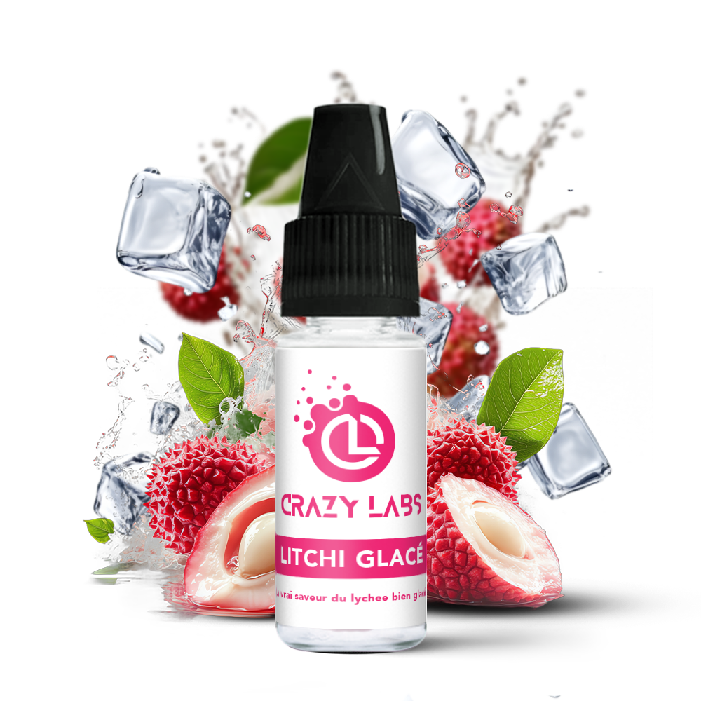 LitchiGlace_10ml_crazylabs_mockup_saveurs - Alt : Flacon de e-liquide Litchi Glacé 10ml de la marque Crazy Labs