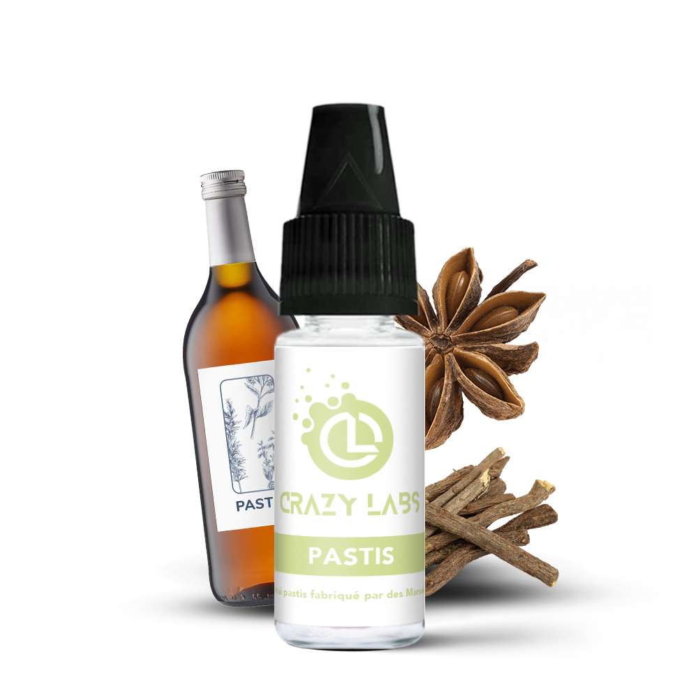 Pastis_10ml_crazylabs_mockup_saveurs Flacon de e-liquide Pastis 10ml de la marque Crazy Labs