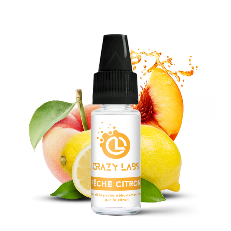 Flacon de e-liquide Pêche Citron 10ml de la marque Crazy Labs