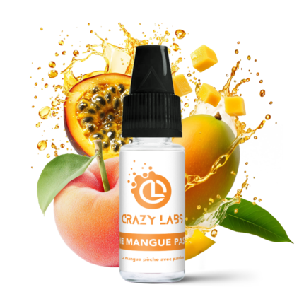 Flacon de e-liquide Pêche Mangue Passion 10ml de la marque Crazy Labs