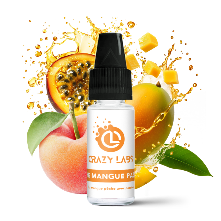 Flacon de e-liquide Pêche Mangue Passion 10ml de la marque Crazy Labs