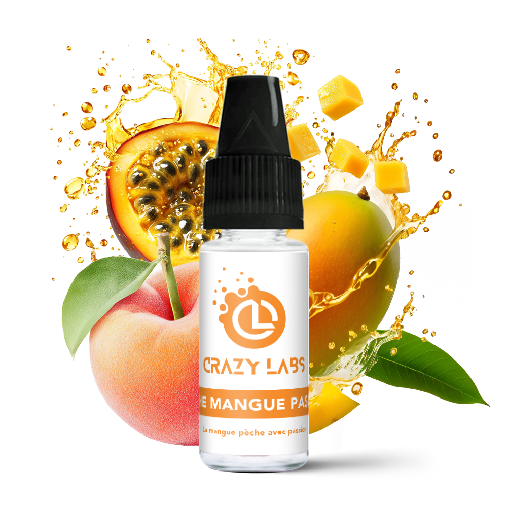 PecheManguePassion_10ml_crazylabs_mockup_saveurs Flacon de e-liquide Pêche Mangue Passion 10ml de la marque Crazy Labs