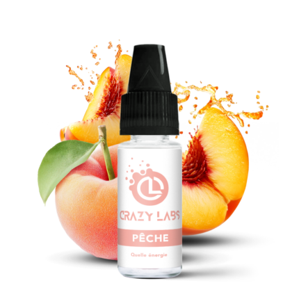 - Alt : Flacon de e-liquide Pêche 10ml de la marque Crazy Labs