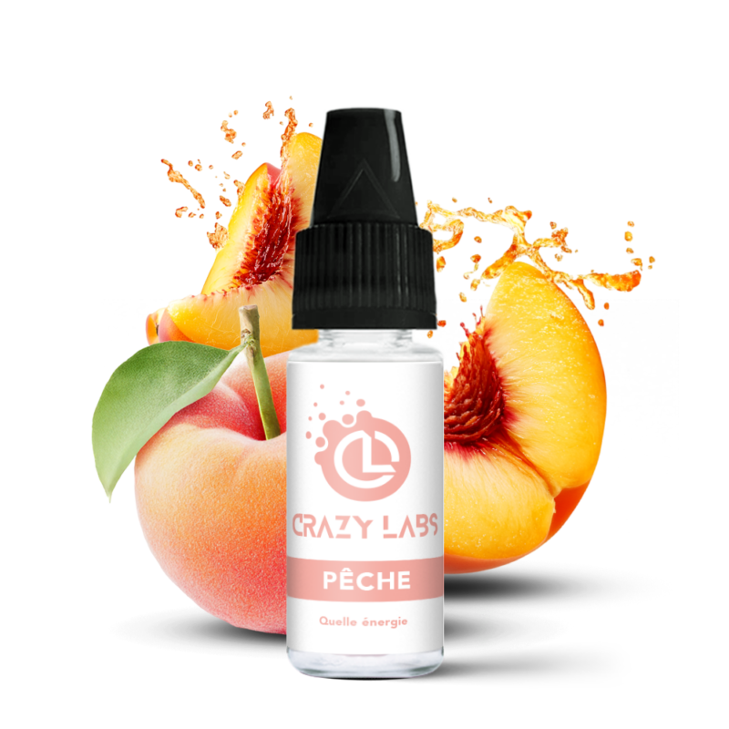- Alt : Flacon de e-liquide Pêche 10ml de la marque Crazy Labs