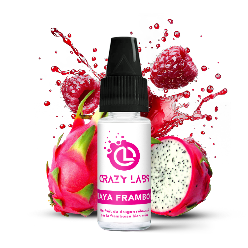 PitayaFramboise_10ml_crazylabs_mockup_saveurs Flacon de e-liquide Pitaya Framboise 10ml de la marque Crazy Labs