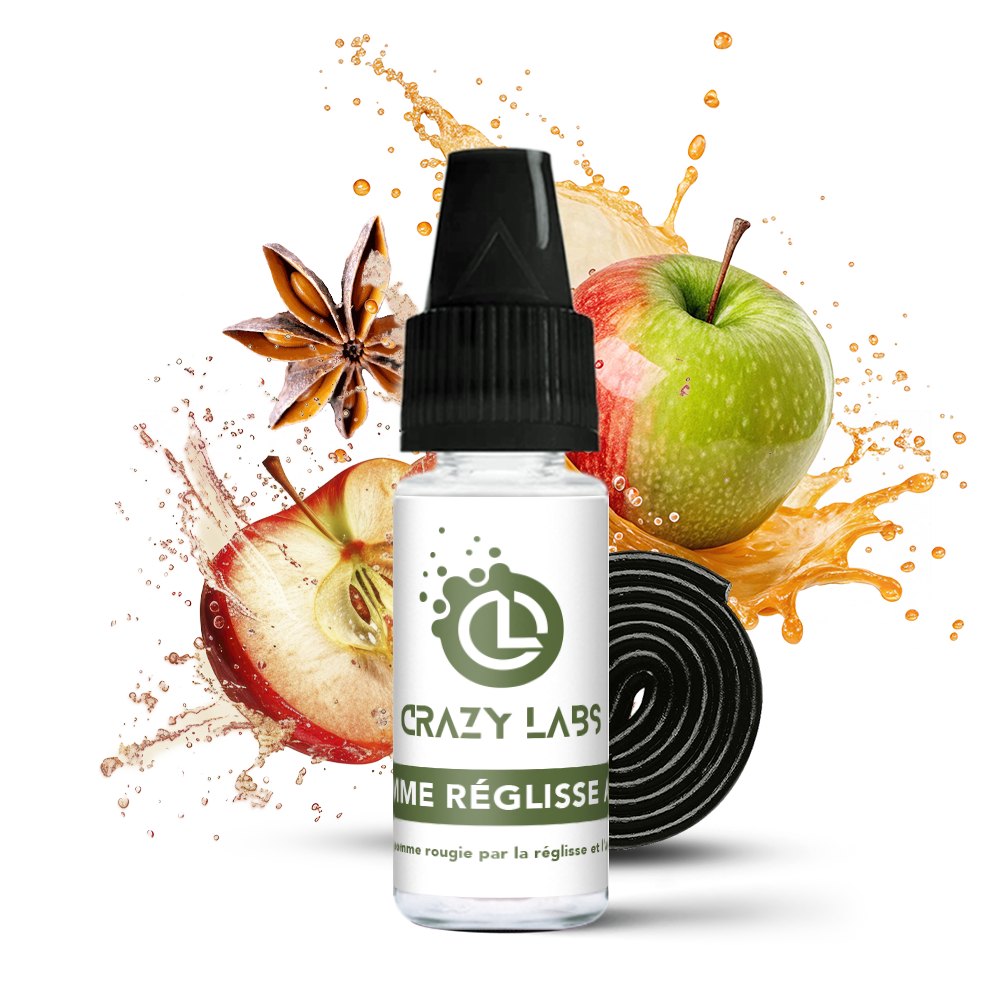 PommeReglisseAnis_10ml_crazylabs_mockup_saveurs Flacon de e-liquide Pomme Réglisse Anis 10ml de la marque Crazy Labs