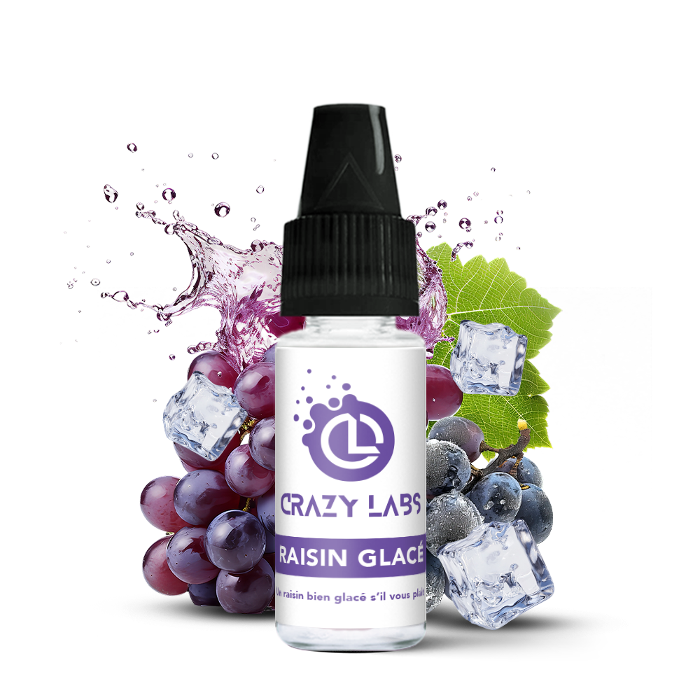 RaisinGlace_10ml_crazylabs_mockup_saveurs Flacon de e-liquide Raisin Glacé 10ml de la marque Crazy Labs