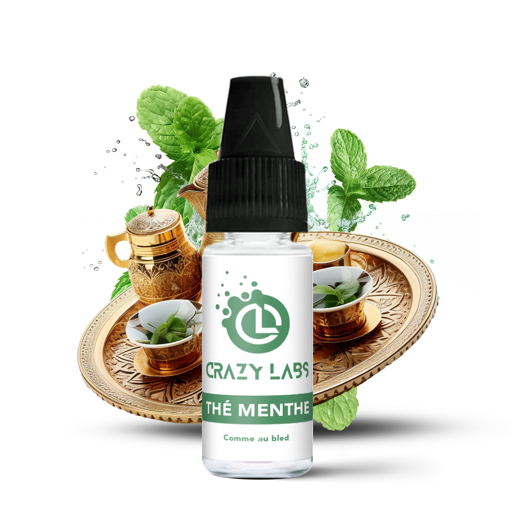 TheMenthe_10ml_crazylabs_mockup_saveurs Flacon de e-liquide Thé Menthe 10ml de la marque Crazy Labs