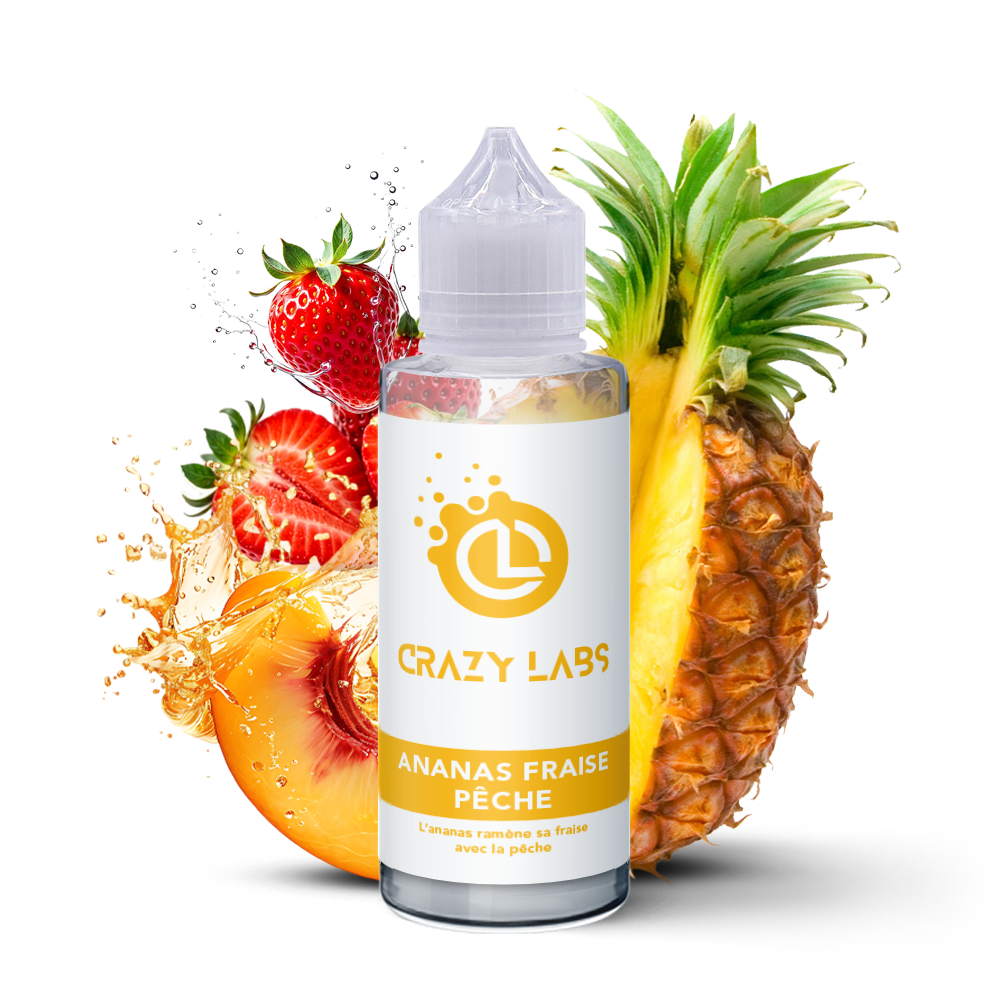 ananas-fraise-peche_100ml_crazylabs_mockup_saveurs E-liquide Ananas Fraise Pêche 100ml (Flacon 140ml) - Crazy Labs