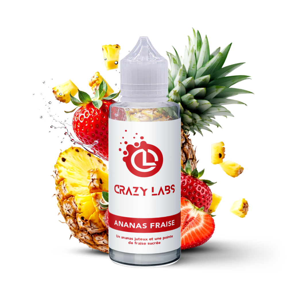 ananas-fraise_100ml_crazylabs_mockup_saveurs E-liquide Ananas Fraise 100ml (Flacon 140ml) - Crazy Labs