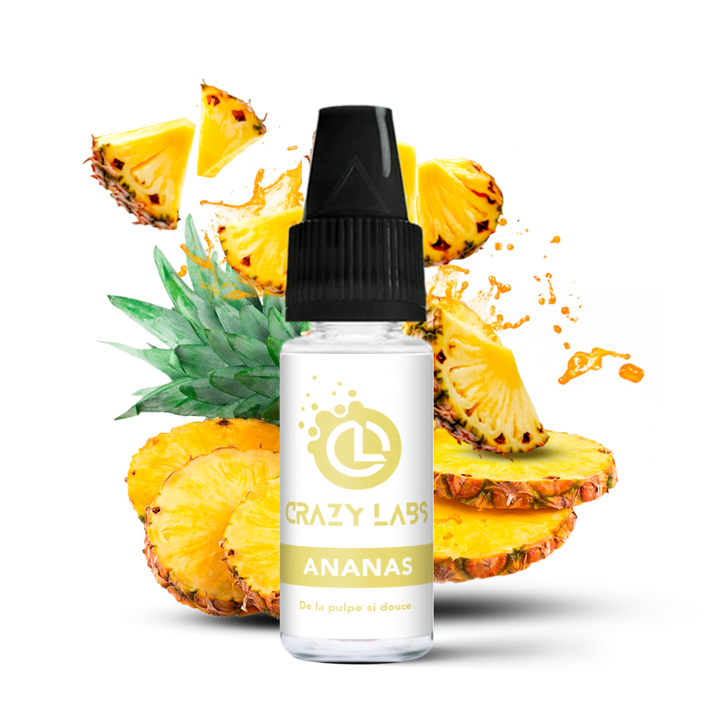 ananas_10ml_crazylabs_mockup_saveurs Flacon de e-liquide Ananas 10ml de la marque Crazy Labs
