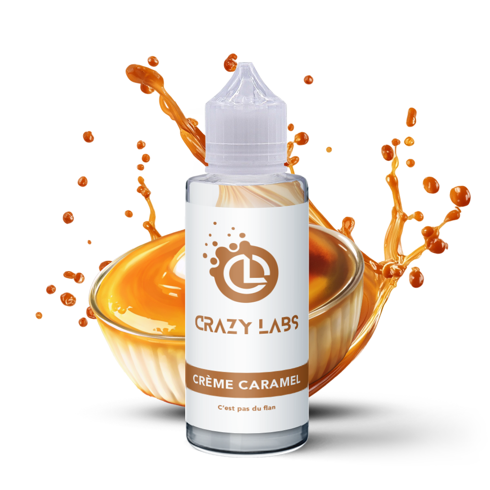 creme-caramel_100ml_crazylabs_mockup_saveurs E-liquide Crème Caramel 100ml (Flacon 140ml) - Crazy Labs – Image 1