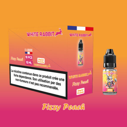 - Alt : Flacon de e-liquide Fizzy Peach 10ml de la marque White Rabbit Esalt
