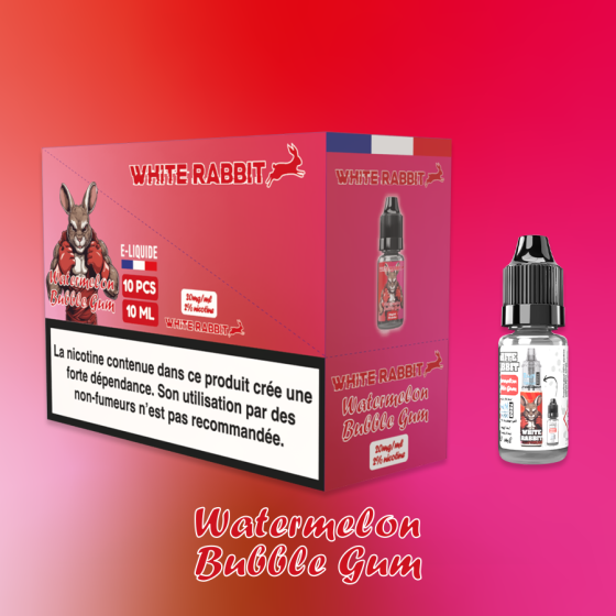 - Alt : Flacon de e-liquide Watermelon Bubble Gum 10ml de la marque White Rabbit Esalt