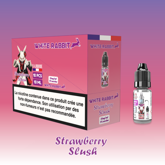 - Alt : Flacon de e-liquide Strawberry Slush 10ml de la marque White Rabbit Esalt