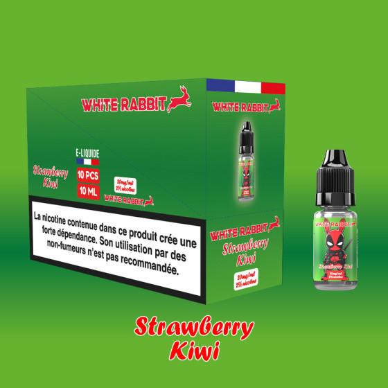 - Alt : Flacon de e-liquide Strawberry Kiwi 10ml de la marque White Rabbit Esalt